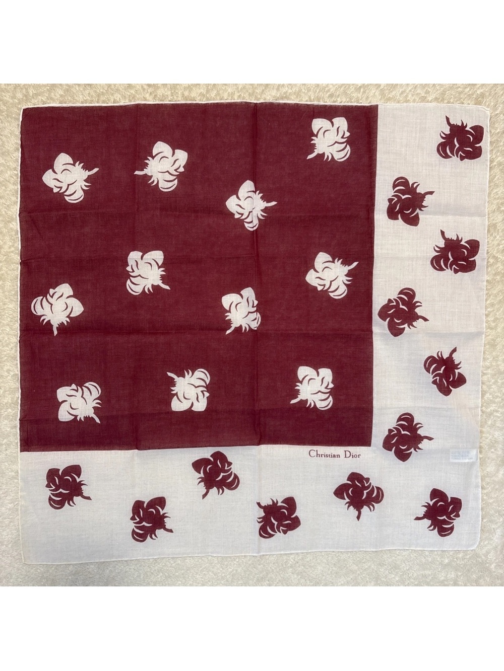 DIOR Cotton Scarf 20” WINE & OFF-WHITE Pristine & Lightweight VINTAGE EUC